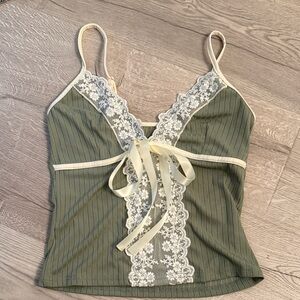 Lace-Trim Olive Ribbed Cami Tank Top